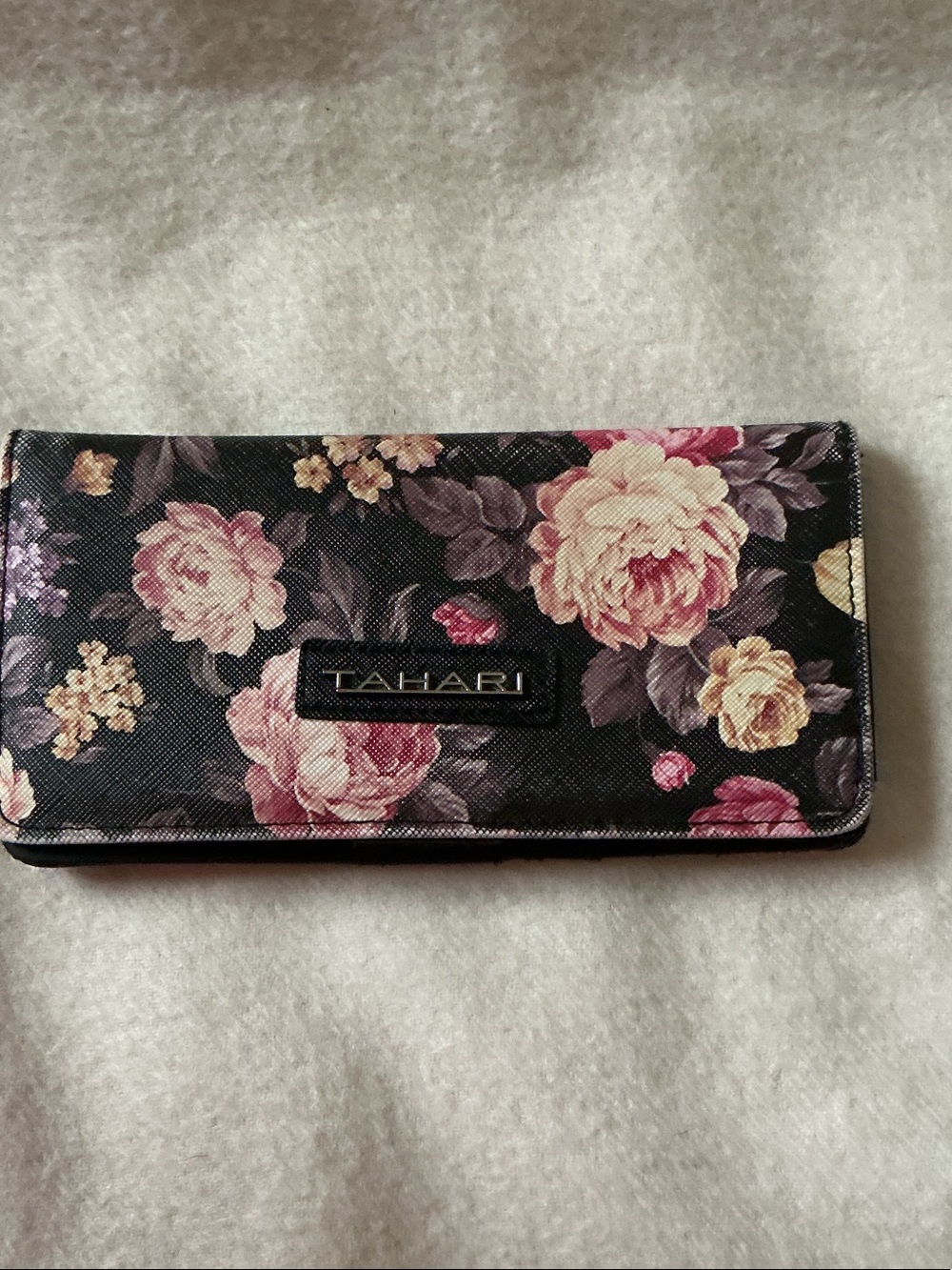 Tahari Black Floral Wallet with Pink and Cream Blooms